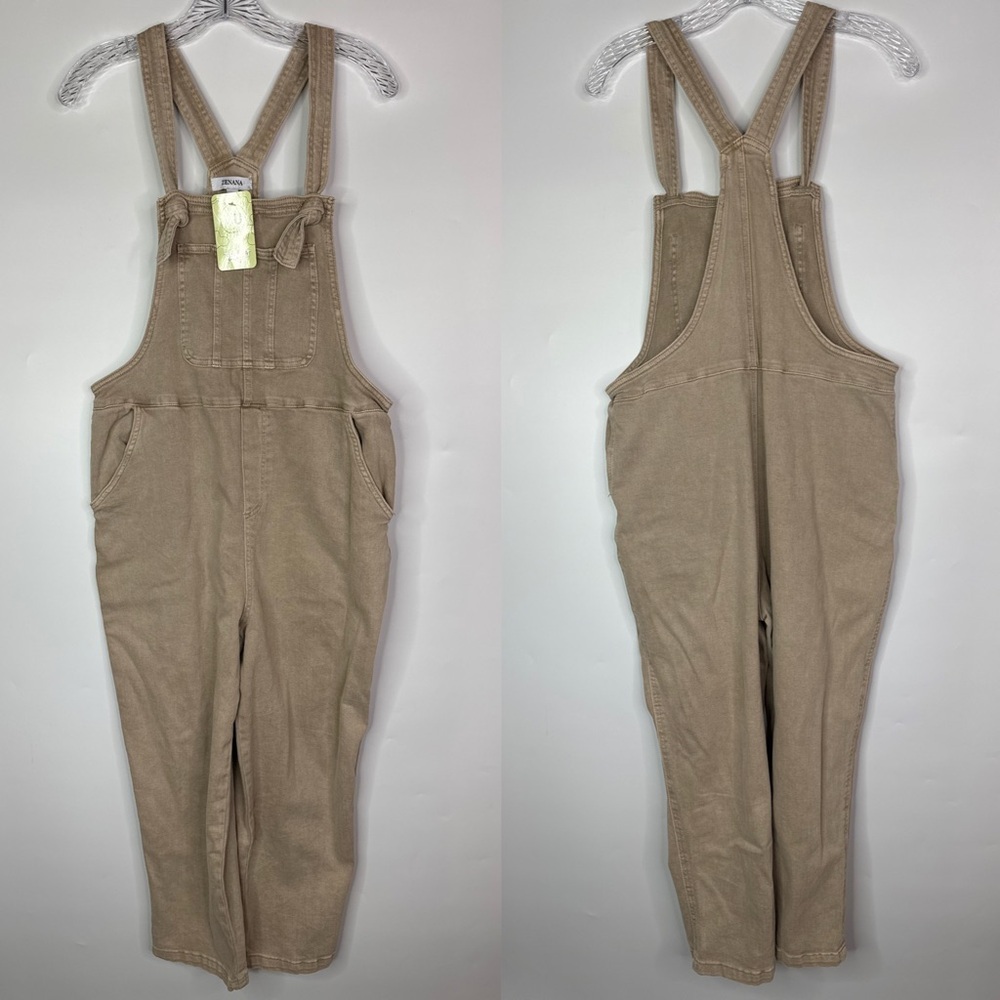 Zenana Washed Knot Strap Mocha Beige Overalls NWT Medium